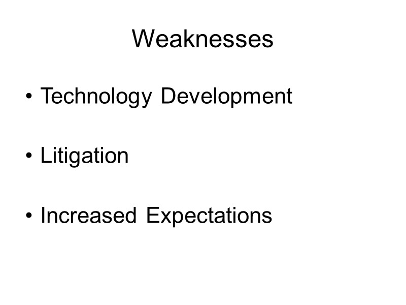 Weaknesses Technology Development  Litigation  Increased Expectations